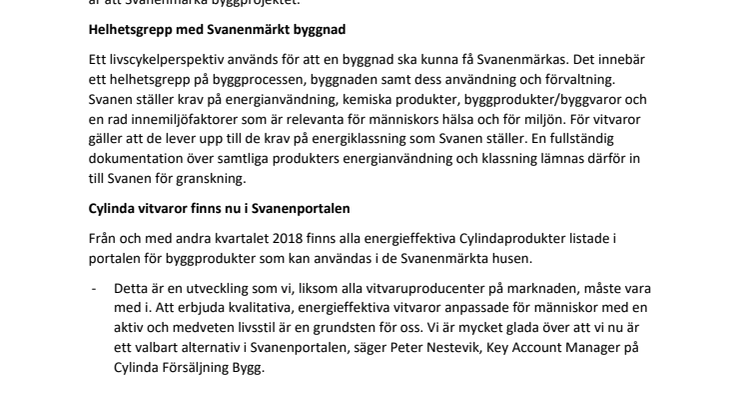 Cylindaprodukter är nu valbara för Svanenmärkta byggprojekt