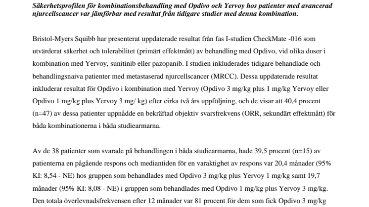 Uppdaterade resultat från en fas I-studie med Opdivo (nivolumab) i kombination med Yervoy (ipilimumab) för patienter med metastaserad njurcellscancer 