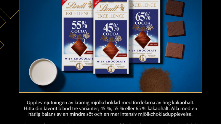 Mer kakao. Mindre socker. Upptäck nya Lindt Excellence Mjölkchoklad med högre kakaohalt.