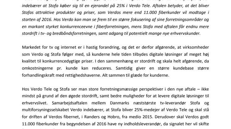 Verdo Tele og Stofa indgår strategisk samarbejdsaftale