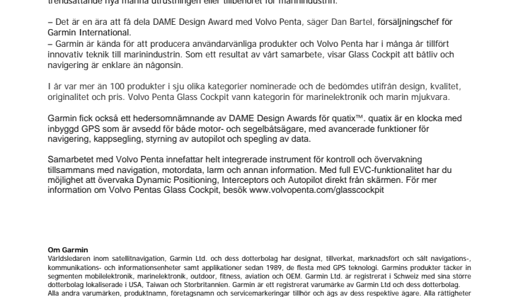 Garmin®  och Volvo Penta vann DAME Design Award för sin Glass Cockpit