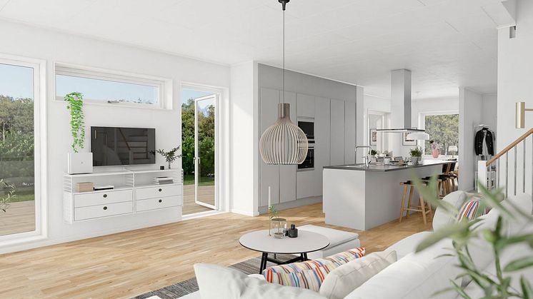 Kv Pärlbandet - 3D-bild av vardagsrum 2-planshus 144 kvm