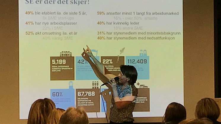 Sarah Prosser fra Programkontoret for områdeløftene Tøyen og Grønland innleder om sosialt entreprenørskap