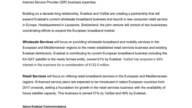 Eutelsat and ViaSat Close European Broadband Joint Venture