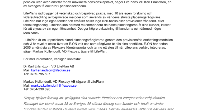 E.ON har valt LifePlan som pensionsrådgivare åt alla sina anställda