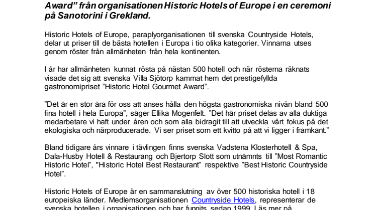 Villa Sjötorp vinner internationellt gastronomipris
