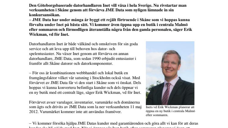 Inet fortsätter att växa - Rivstartar i Malmö efter förvärv av JME Data