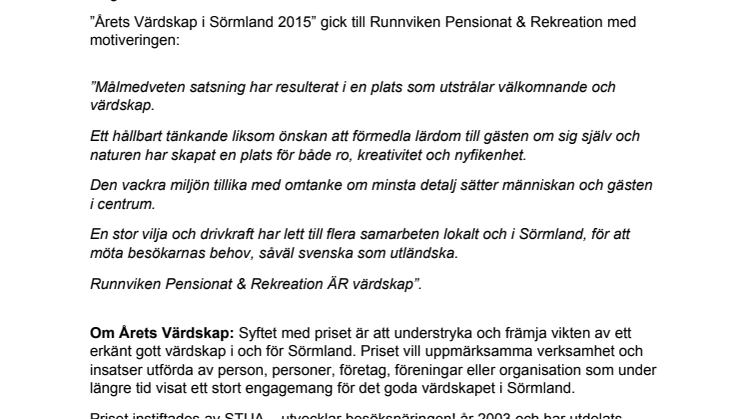 Runnviken Pensionat & Rekreation vinnare av   “Årets Värdskap i Sörmland 2015” 