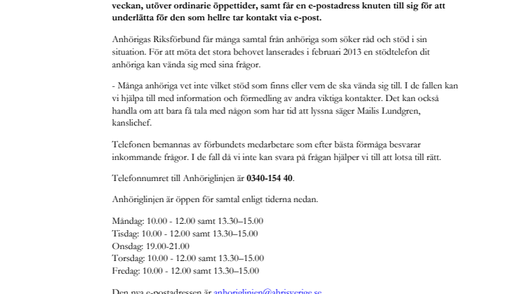 Nylansering av Anhörigas Riksförbunds stödtelefon ”Anhöriglinjen”