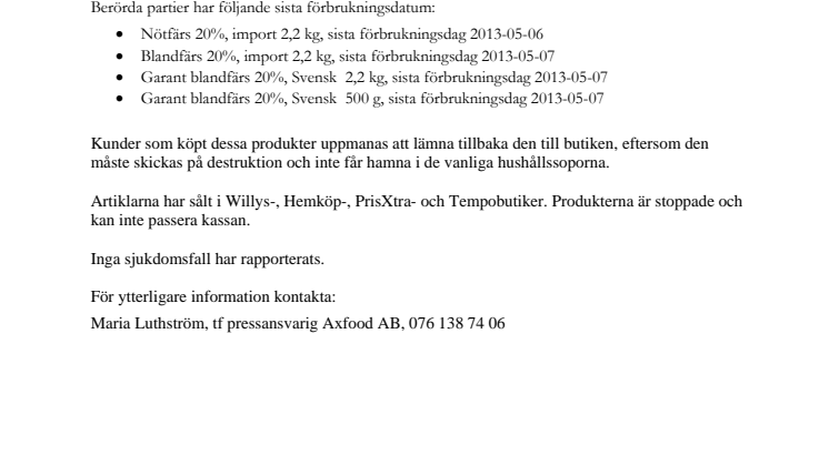 Salmonellasmittad köttfärs återkallas 