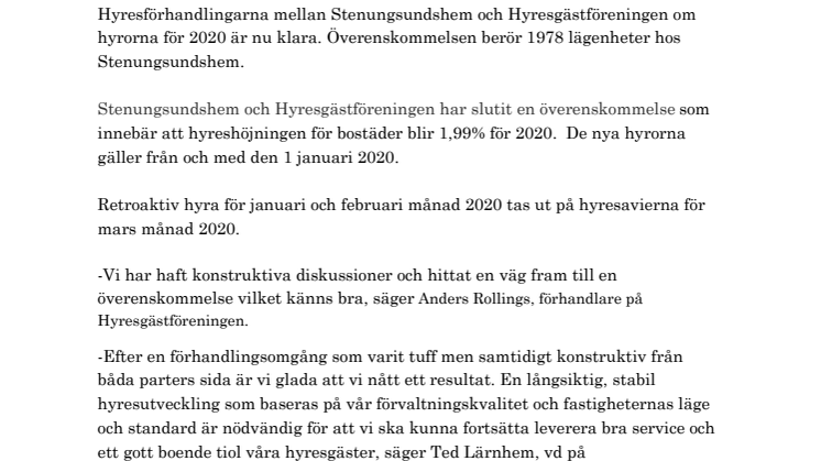 Stenungsundshem och Hyresgästföreningen överens om hyrorna för 2020