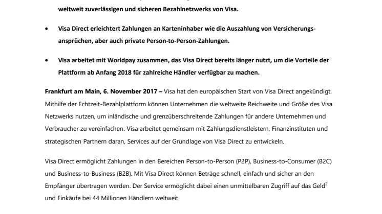 Visa gestaltet Bezahlen in Europa neu –  Visa Direct bietet Echtzeit-Bezahlplattform mit weltweiter Reichweite