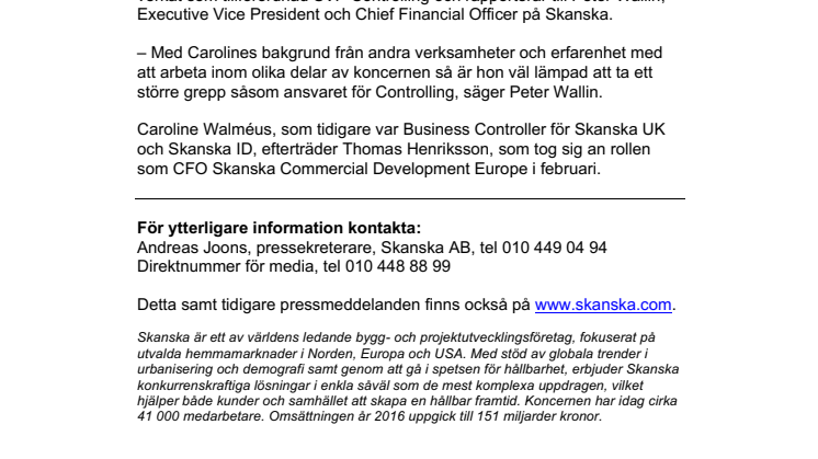 Caroline Walméus ny Senior Vice President Controlling Skanska