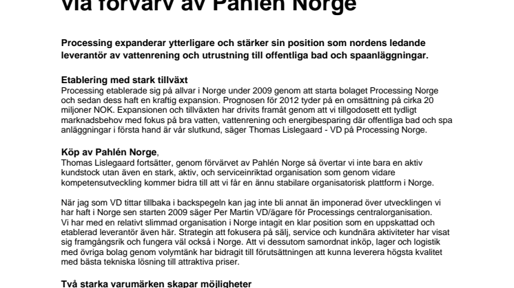 Processing växer ytterligare via förvärv av Pahlén Norge 