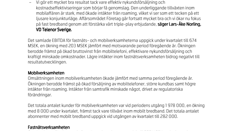 Telenor Sverige redovisar resultat för första kvartalet 2010