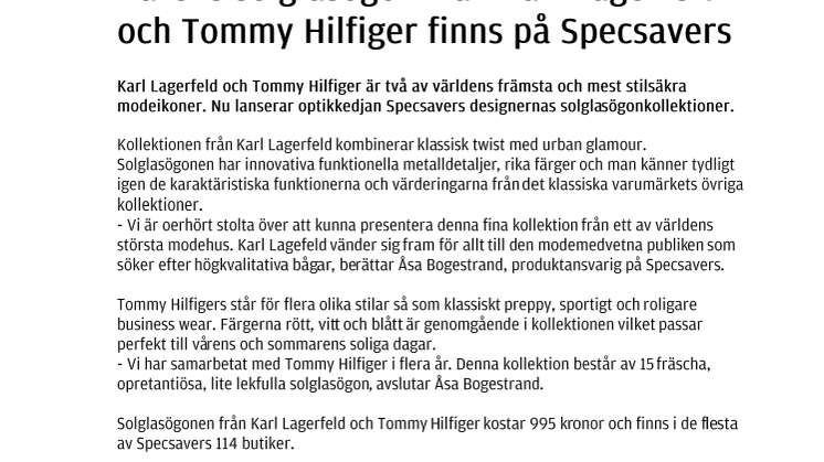 Vårens solglasögon från Karl Lagerfeld och Tommy Hilfiger finns på Specsavers