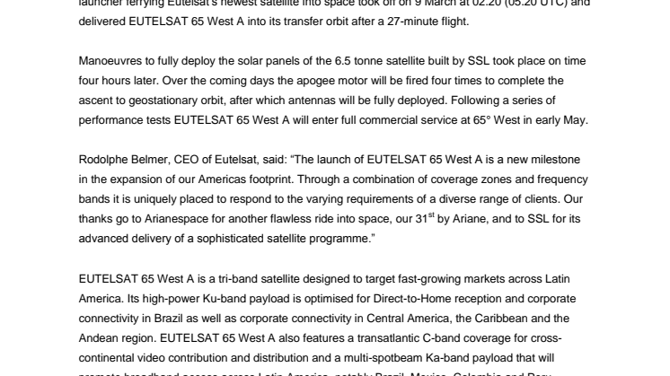 EUTELSAT 65 West A satellite speeds into space 
