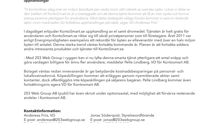 203 Web Group förvärvar KONTOSMART.SE med målet att skapa nordens största konsumentklubb för upphandling av el och drivmedel