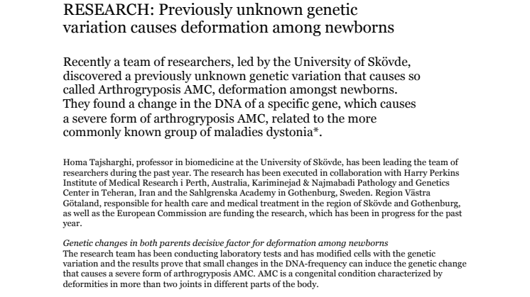 PRESS RELEASE RESEARCH: Previously unknown genetic variation causes deformation among newborns