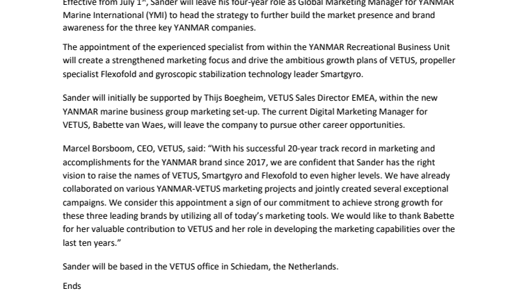 Sander Gesink Appointed Marketing Director to Build VETUS, Smartgyro and Flexofold Brands