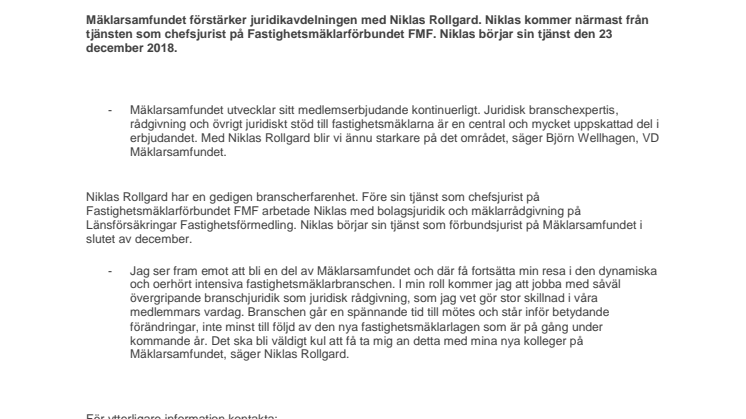 Niklas Rollgard till Mäklarsamfundet