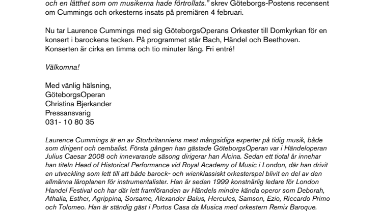 GöteborgsOperans Orkester ger konsert i Domkyrkan  