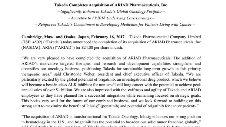 Takeda Completes Acquisition of ARIAD Pharmaceuticals, Inc.
