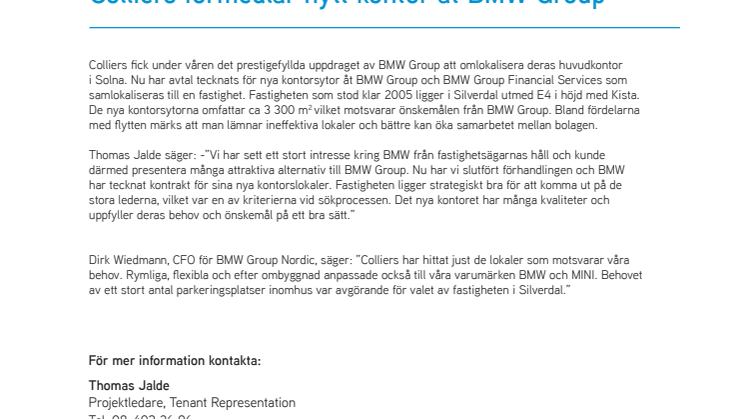 Colliers förmedlar nytt kontor åt BMW Group