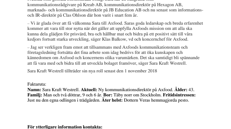      Sara Kraft Westrell ny kommunikationsdirektör på Axfood