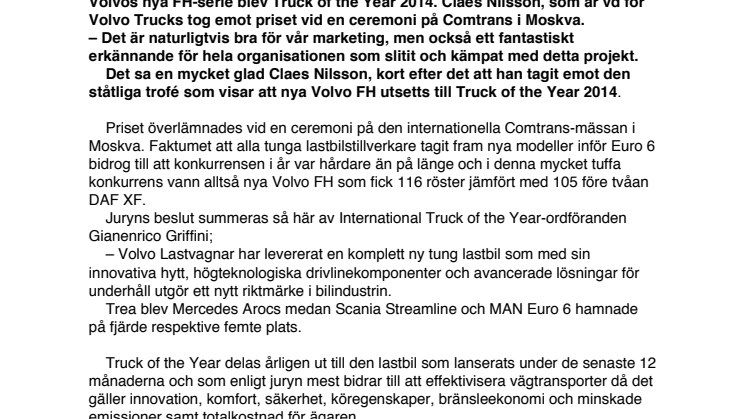 Nya Volvo FH blev Truck of the Year