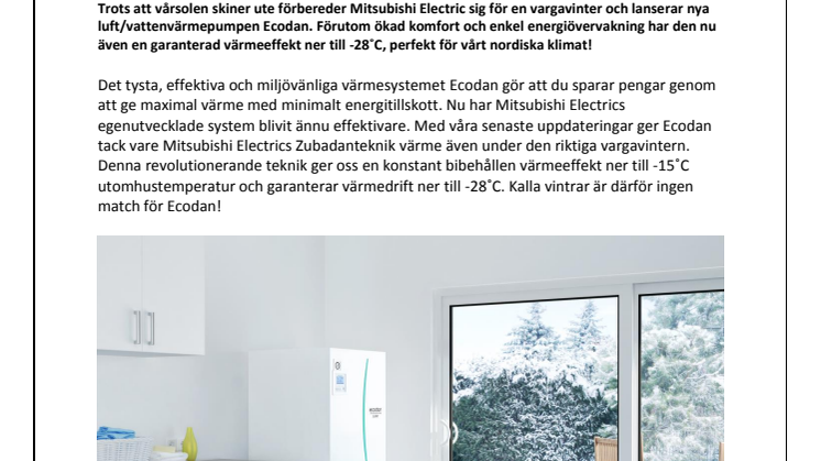 Mitsubishi Electric lanserar nya Ecodan med garanterad värmeeffekt ner till -28˚C
