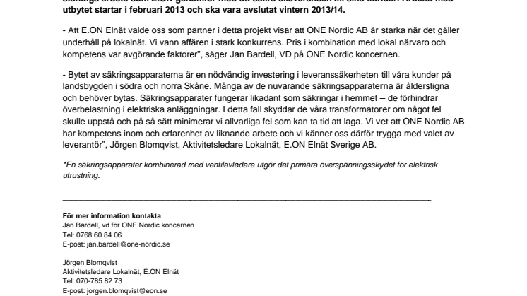 ONE Nordic AB bidrar till förbättrad leveranssäkerhet av el till skånska landsbygden