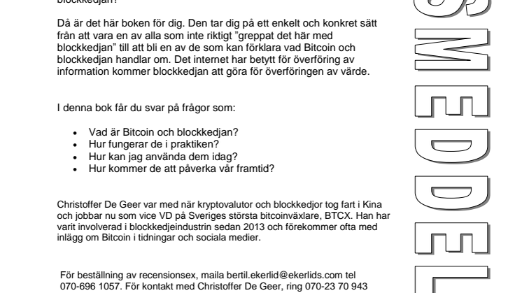 Ny bok: Bitcoin och blockkedjan - en begriplig överblick av Christoffer De Geer