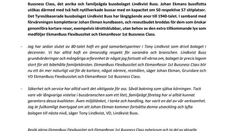 Entreprenören Johan Ekman förvärvar det anrika bussbolaget Lindkvist Buss