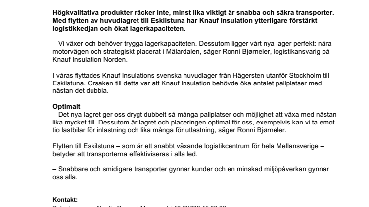 Knauf Insulations nya huvudlager ger snabba och säkra leveranser