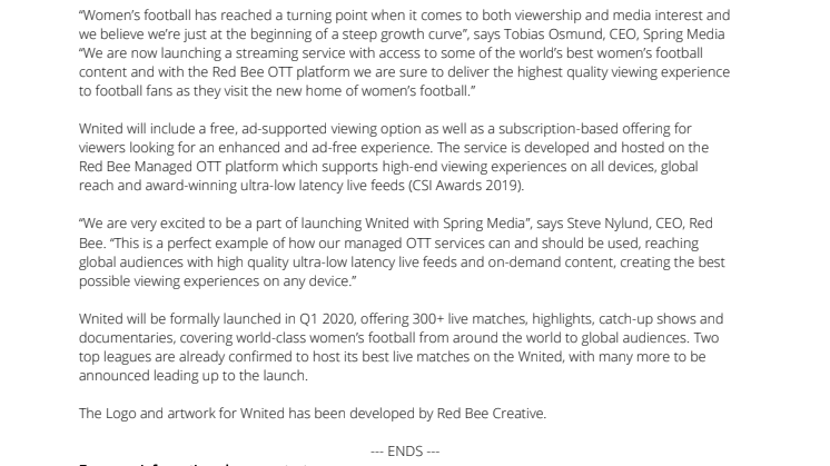Red Bee and Spring Media Announce Wnited – The World's First Global Streaming Service for Women's Football 
