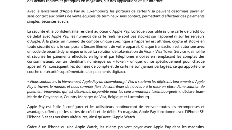 Apple Pay disponible pour les clients Visa au Luxembourg