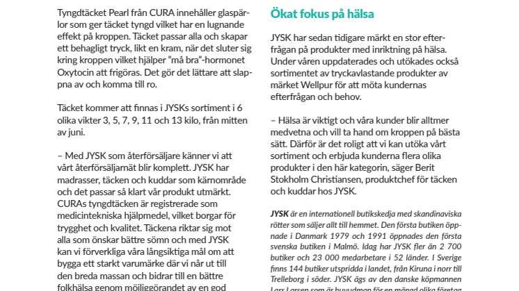 JYSK börjar sälja tyngdtäcke från CURA of Sweden