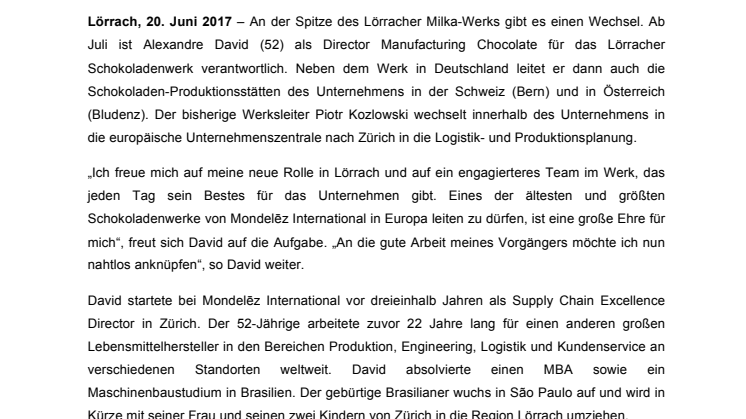 Alexandre David wird neuer Werksleiter bei Milka in Lörrach