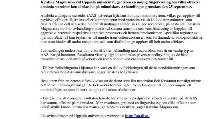 Anabola steroiders inverkan på hjärnan granskas i avhandling
