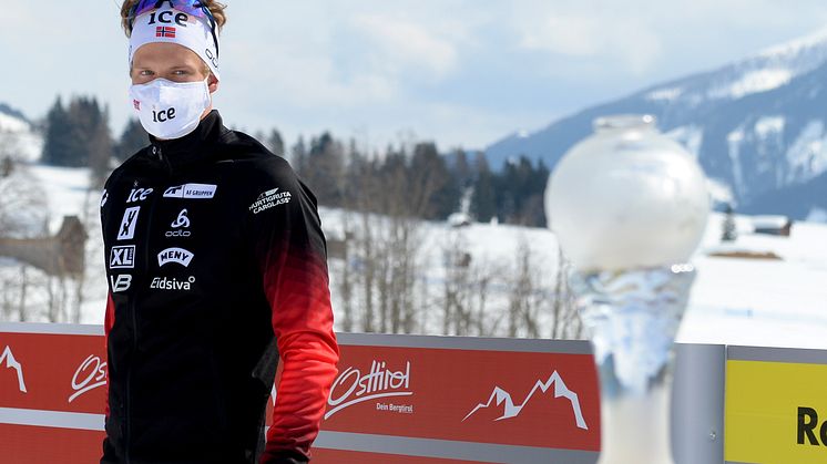 13.03.21, Obertilliach, Austria (AUT): ANDERSEN Filip Fjeld (NOR) - IBU Cup Biathlon, cups, winner ibu cup sprint score, Obertilliach, Austria (AUT). www.biathlonworld.com © Deubert/IBU. Handout picture by the International Biathlon Union. For editor