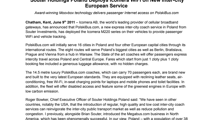 Souter Holdings Poland Deploys Icomera WiFi on New Inter-City European Service
