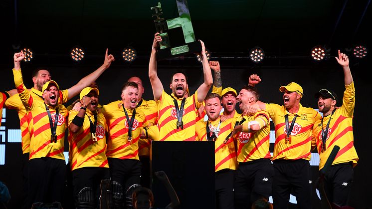 Trent Rockets men's team lift The Hundred trophy last season. Photo: Getty Images