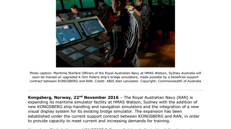 Kongsberg Digital: KONGSBERG chosen to support Royal Australian Navy Bridge Simulator Expansion