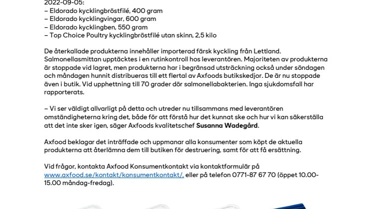 PM_220829_Axfood återkallar 3 Eldorado-och 1 Top Choice Poultry-kycklingprodukter efter påvisad salmonellasmitta