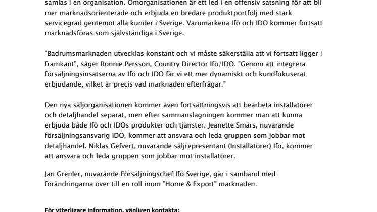 Gemensam säljorganisation skapar nya möjligheter för Ifö och IDO 