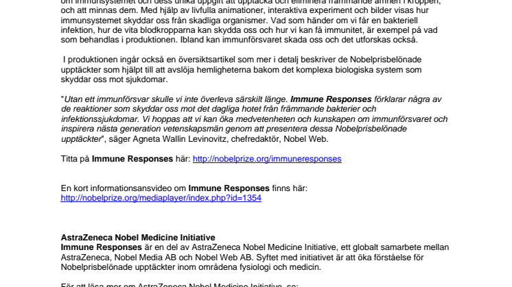 Nobelprize.org: s nya utbildningsproduktion fokuserar på kroppens immunsystem