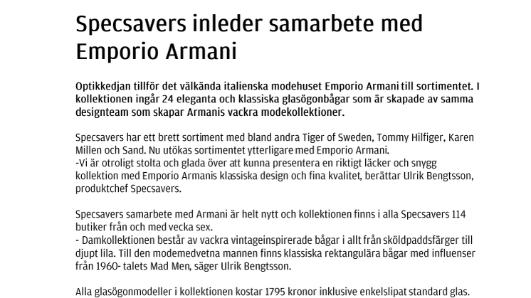 Specsavers inleder samarbete med Emporio Armani