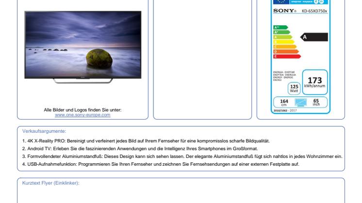 Datenblatt BRAVIA KD-65XD7505BAEP von Son