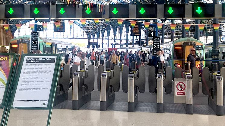 Brighton station decorated for Pride 2018